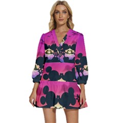 Mickey And Minnie, Mouse, Disney, Cartoon, Love V-neck Placket Mini Dress