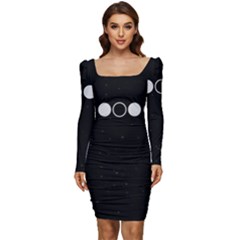Moon Phases, Eclipse, Black Women Long Sleeve Ruched Stretch Jersey Dress
