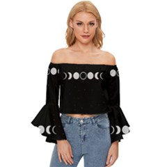 Moon Phases, Eclipse, Black Off Shoulder Flutter Bell Sleeve Top