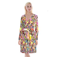 Sticker Bomb, Art, Cartoon, Dope Long Sleeve Velvet Front Wrap Dress
