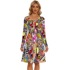 Sticker Bomb, Art, Cartoon, Dope Long Sleeve Dress With Pocket