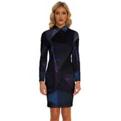 Abstract, Black, Purple, Long Sleeve Shirt Collar Bodycon Dress
