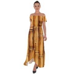 Brown Bamboo Texture  Off Shoulder Open Front Chiffon Dress