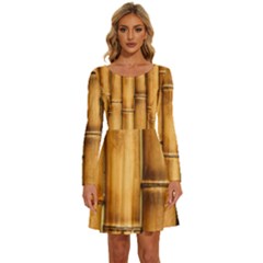 Brown Bamboo Texture  Long Sleeve Wide Neck Velvet Dress