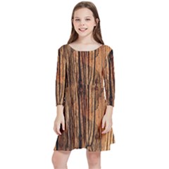 Brown Wooden Texture Kids  Quarter Sleeve Skater Dress