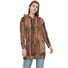 Brown Wooden Texture Women s Long Oversized Pullover Hoodie