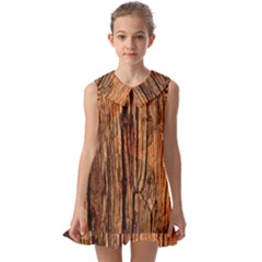 Brown Wooden Texture Kids  Pilgrim Collar Ruffle Hem Dress