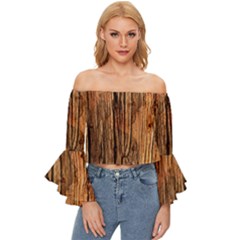 Brown Wooden Texture Off Shoulder Flutter Bell Sleeve Top