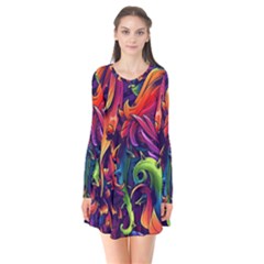 Colorful Floral Patterns, Abstract Floral Background Long Sleeve V-neck Flare Dress
