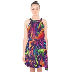 Colorful Floral Patterns, Abstract Floral Background Halter Collar Waist Tie Chiffon Dress