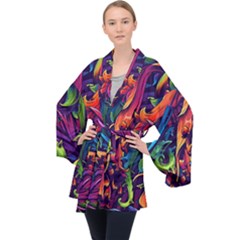 Colorful Floral Patterns, Abstract Floral Background Long Sleeve Velvet Kimono 