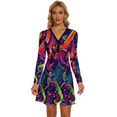 Colorful Floral Patterns, Abstract Floral Background Long Sleeve Deep V Mini Dress 