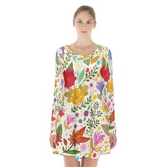 Colorful Flowers Pattern, Abstract Patterns, Floral Patterns Long Sleeve Velvet V-neck Dress