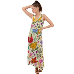 Colorful Flowers Pattern, Abstract Patterns, Floral Patterns V-neck Chiffon Maxi Dress