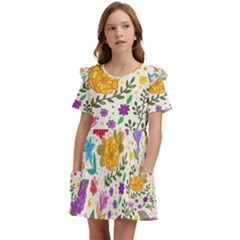 Colorful Flowers Pattern, Abstract Patterns, Floral Patterns Kids  Frilly Sleeves Pocket Dress