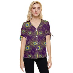 Feathers, Peacock, Patterns, Colorful Bow Sleeve Button Up Top
