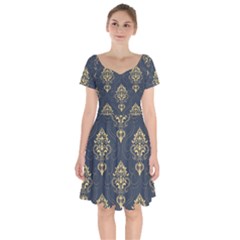 Floral Damask Pattern Texture, Damask Retro Background Short Sleeve Bardot Dress