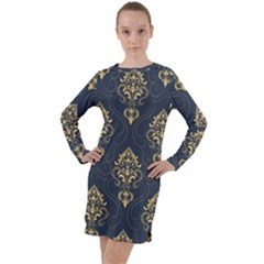 Floral Damask Pattern Texture, Damask Retro Background Long Sleeve Hoodie Dress