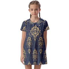 Floral Damask Pattern Texture, Damask Retro Background Kids  Asymmetric Collar Dress