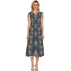 Floral Damask Pattern Texture, Damask Retro Background V-neck Drawstring Shoulder Sleeveless Maxi Dress