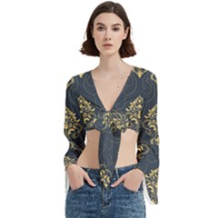 Floral Damask Pattern Texture, Damask Retro Background Trumpet Sleeve Cropped Top