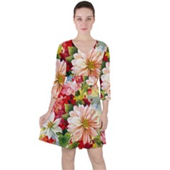 Painted Flowers Texture, Floral Background Quarter Sleeve Ruffle Waist Dress