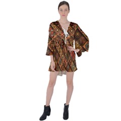 Pattern, Abstract, Texture, Mandala V-neck Flare Sleeve Mini Dress