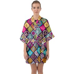 Pattern, Colorful, Floral, Patter, Texture, Tiles Half Sleeve Satin Kimono 