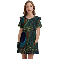 Peacock Feathers, Feathers, Peacock Nice Kids  Frilly Sleeves Pocket Dress