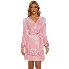 Pink Glitter Background Long Sleeve Waist Tie Ruffle Velvet Dress