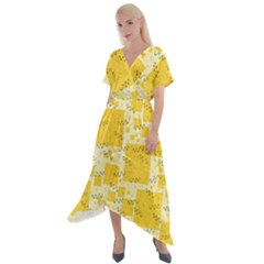 Party Confetti Yellow Squares Cross Front Sharkbite Hem Maxi Dress