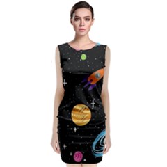Space Cartoon, Planets, Rockets Sleeveless Velvet Midi Dress