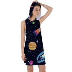 Space Cartoon, Planets, Rockets Racer Back Hoodie Dress