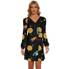 Space Cartoon, Planets, Rockets Long Sleeve Waist Tie Ruffle Velvet Dress