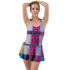 Tile, Colorful, Squares, Texture Ruffle Top Dress Swimsuit