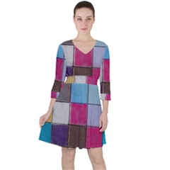 Tile, Colorful, Squares, Texture Quarter Sleeve Ruffle Waist Dress