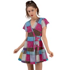 Tile, Colorful, Squares, Texture Flutter Sleeve Wrap Dress