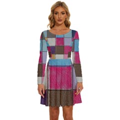 Tile, Colorful, Squares, Texture Long Sleeve Wide Neck Velvet Dress