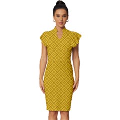 Yellow Floral Pattern Vintage Pattern, Yellow Background, Vintage Frill Sleeve V-neck Bodycon Dress