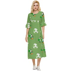 Yoshi Print, Super, Huevo, Game, Green, Egg, Mario Double Cuff Midi Dress