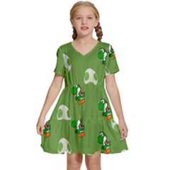 Yoshi Print, Super, Huevo, Game, Green, Egg, Mario Kids  Short Sleeve Tiered Mini Dress