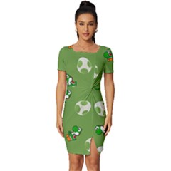 Yoshi Print, Super, Huevo, Game, Green, Egg, Mario Fitted Knot Split End Bodycon Dress