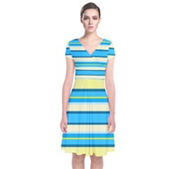 Stripes-3 Short Sleeve Front Wrap Dress