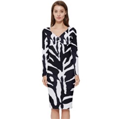 Zebra-black White Long Sleeve V-neck Bodycon Dress 