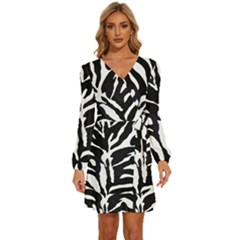 Zebra-black White Long Sleeve Waist Tie Ruffle Velvet Dress