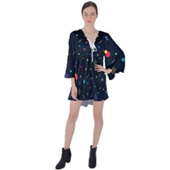 Abstract Minimalism Digital Art, V-neck Flare Sleeve Mini Dress