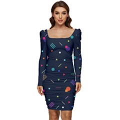 Abstract Minimalism Digital Art, Women Long Sleeve Ruched Stretch Jersey Dress