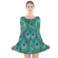 Feather, Bird, Pattern, Peacock, Texture Long Sleeve Velvet Skater Dress