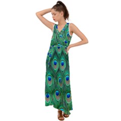 Feather, Bird, Pattern, Peacock, Texture V-neck Chiffon Maxi Dress