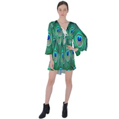 Feather, Bird, Pattern, Peacock, Texture V-neck Flare Sleeve Mini Dress